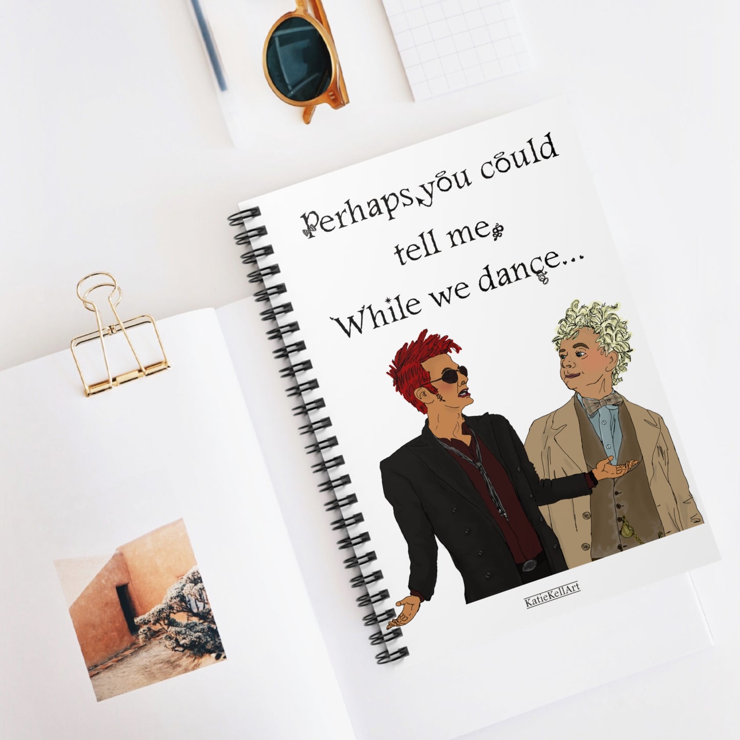 While We Dance Good Omens Inspired Notebook, Spiral bound Ruled Line A5 Journal Notepad - shipped from United States