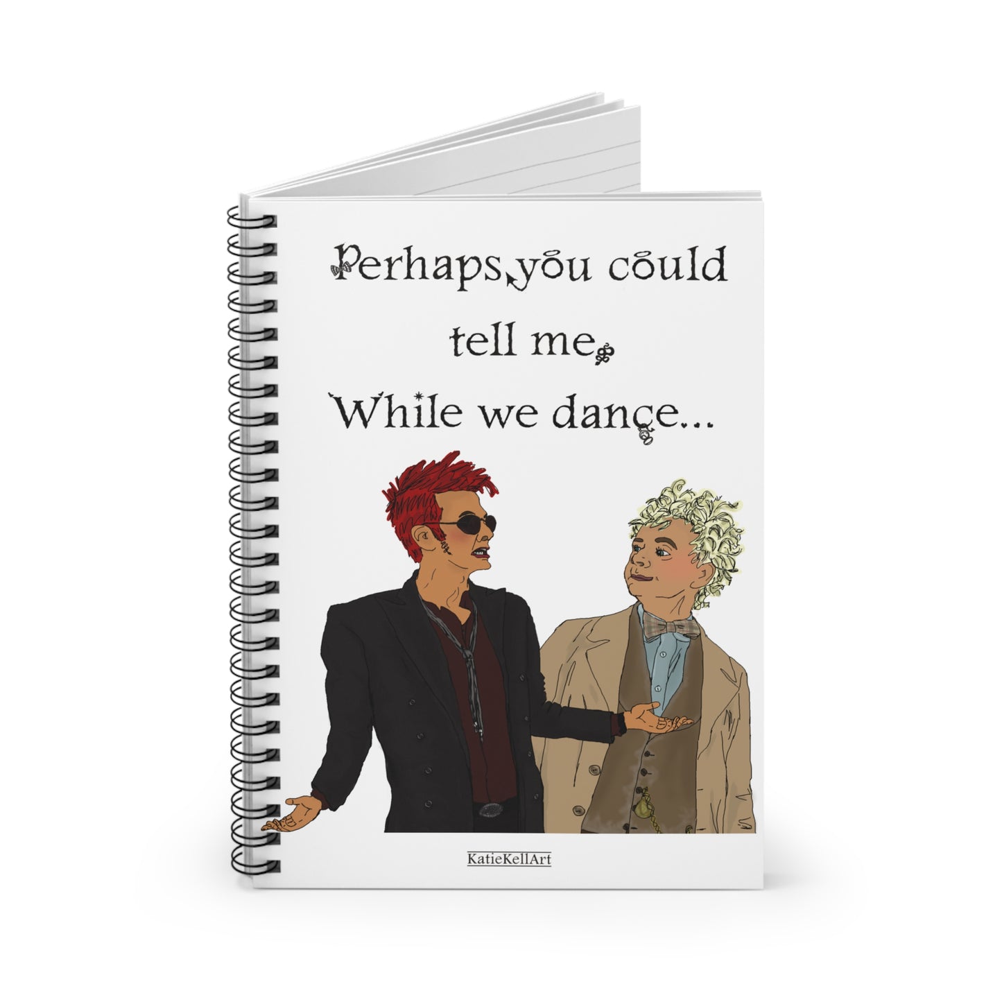 While We Dance Good Omens Inspired Notebook, Spiral bound Ruled Line A5 Journal Notepad - shipped from United States