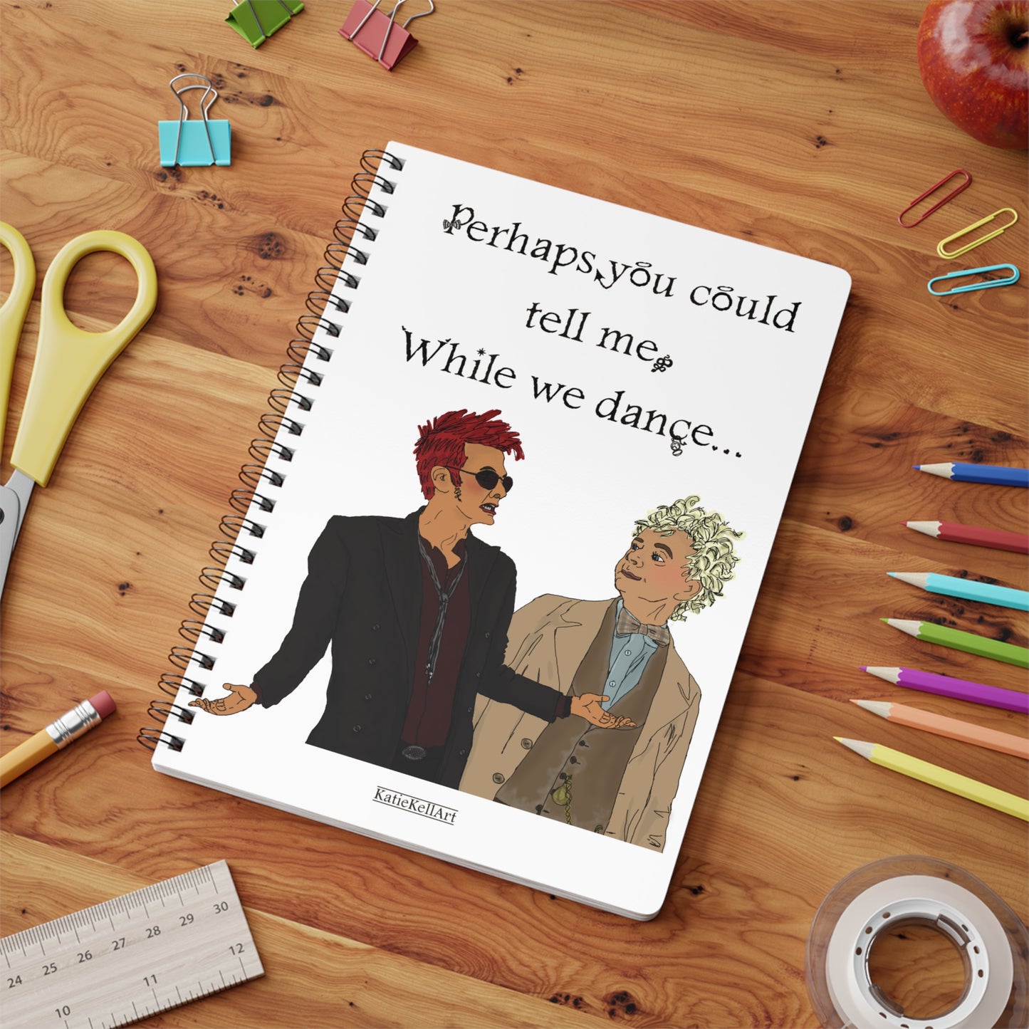 While We Dance, Good Omens inspired Notebook, Wirobound Softcover, A5 Lined paper Notepad Journal - shipped from UK