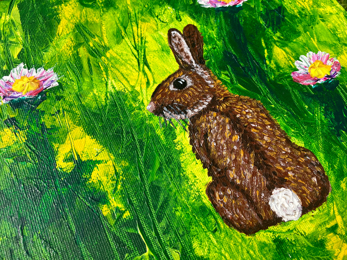 Rabbit Amongst the Daisies, Original Acrylic Painting, Bunny, Stretched Canvas