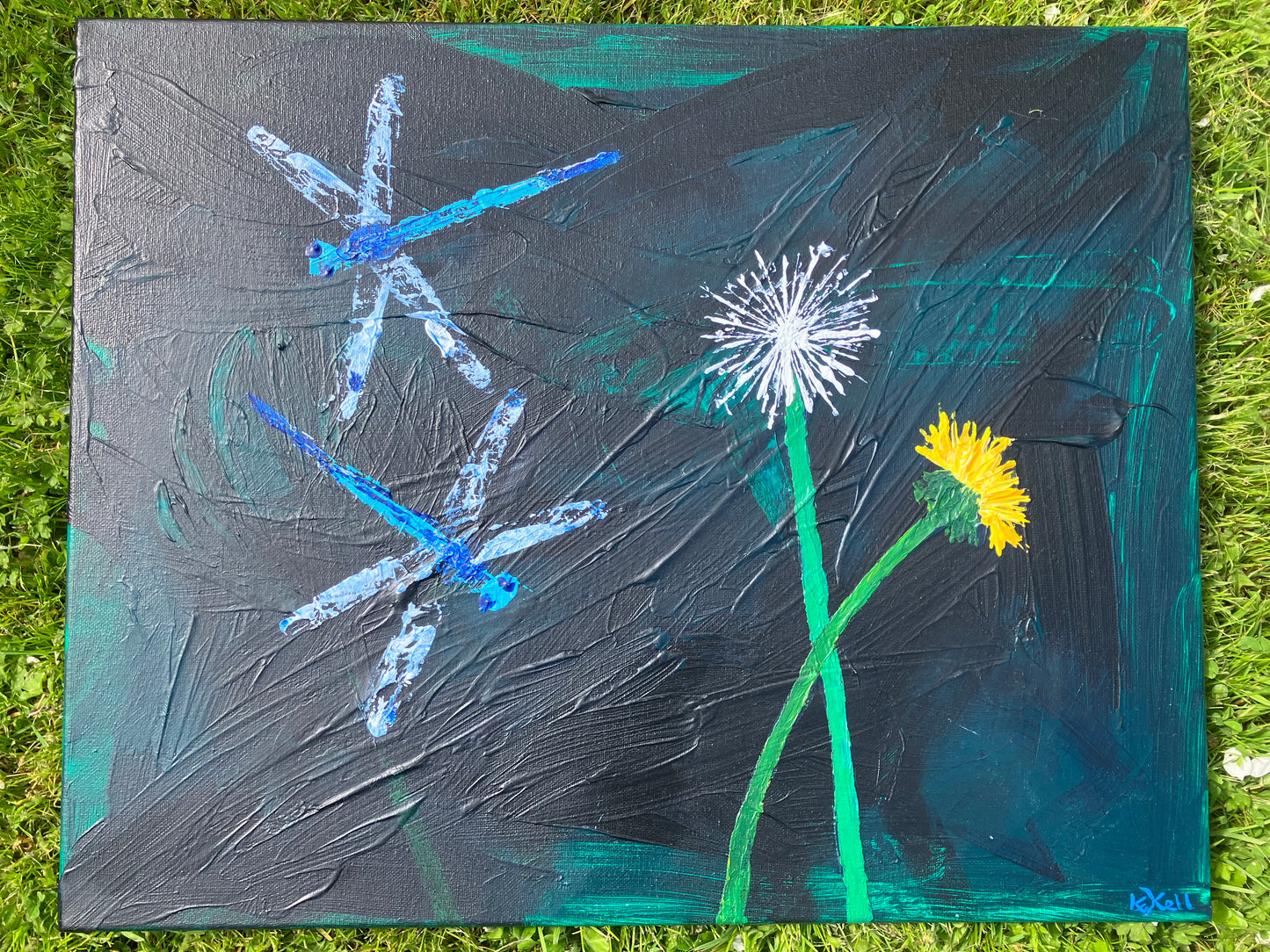 Dragonfly Dream, Dragonflies and Dandelions, Original Acrylic Painting, Stretched Canvas