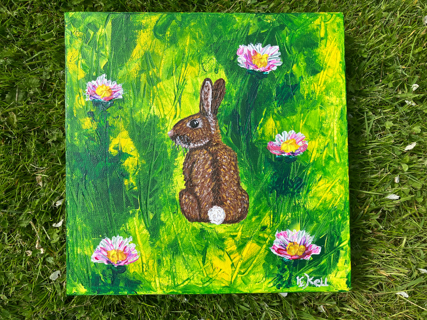 Rabbit Amongst the Daisies, Original Acrylic Painting, Bunny, Stretched Canvas