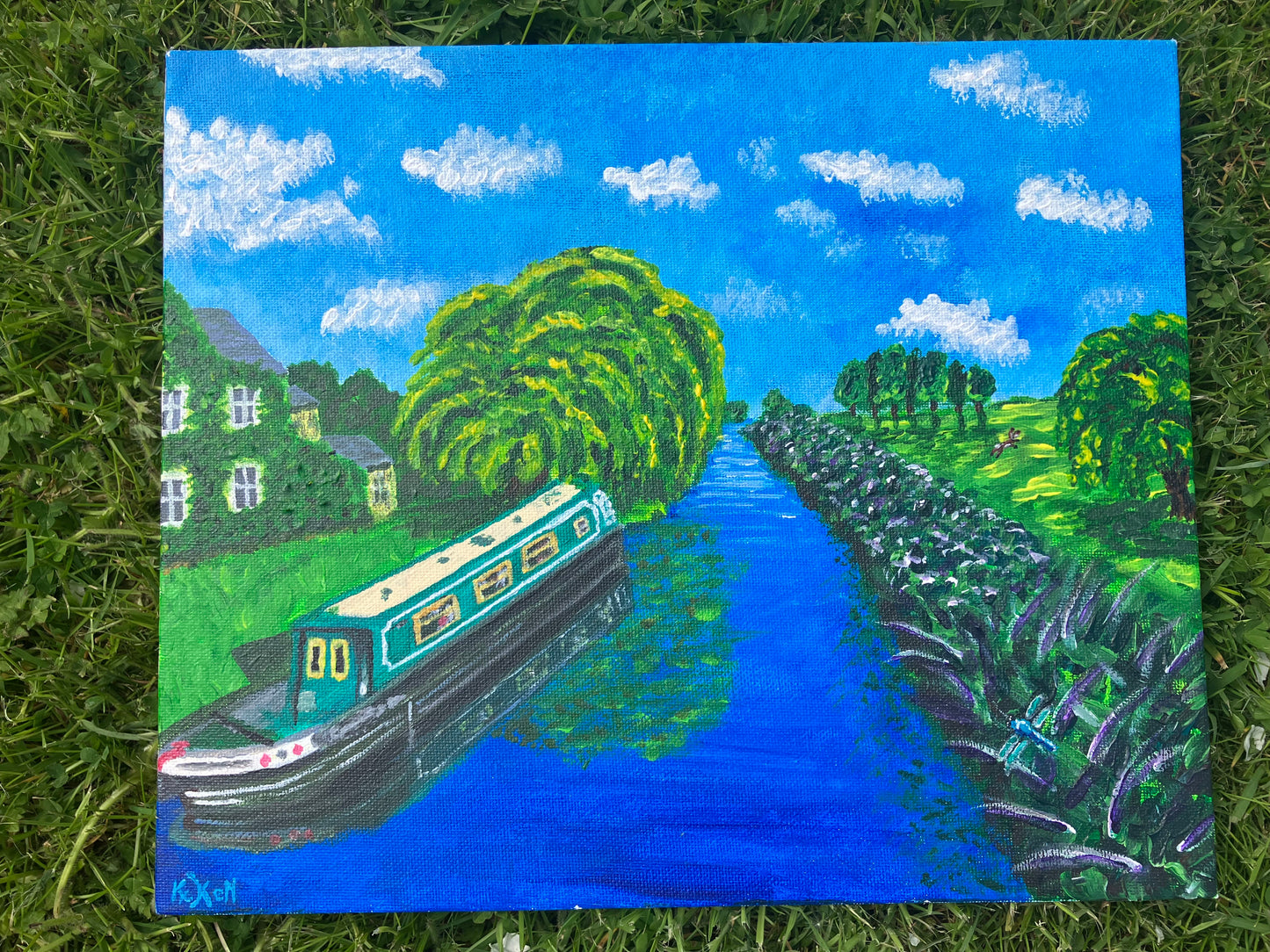 On The Waterways, Original Acrylic Painting, Canvas board,  Norfolk Narrowboat