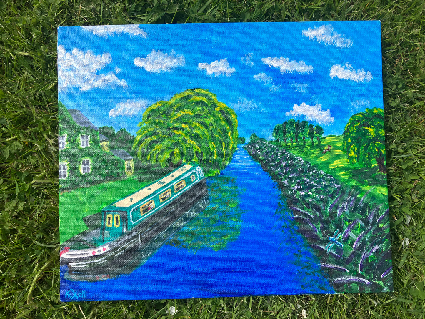 On The Waterways, Original Acrylic Painting, Canvas board,  Norfolk Narrowboat