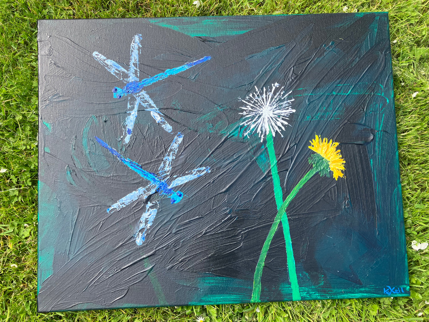 Dragonfly Dream, Dragonflies and Dandelions, Original Acrylic Painting, Stretched Canvas