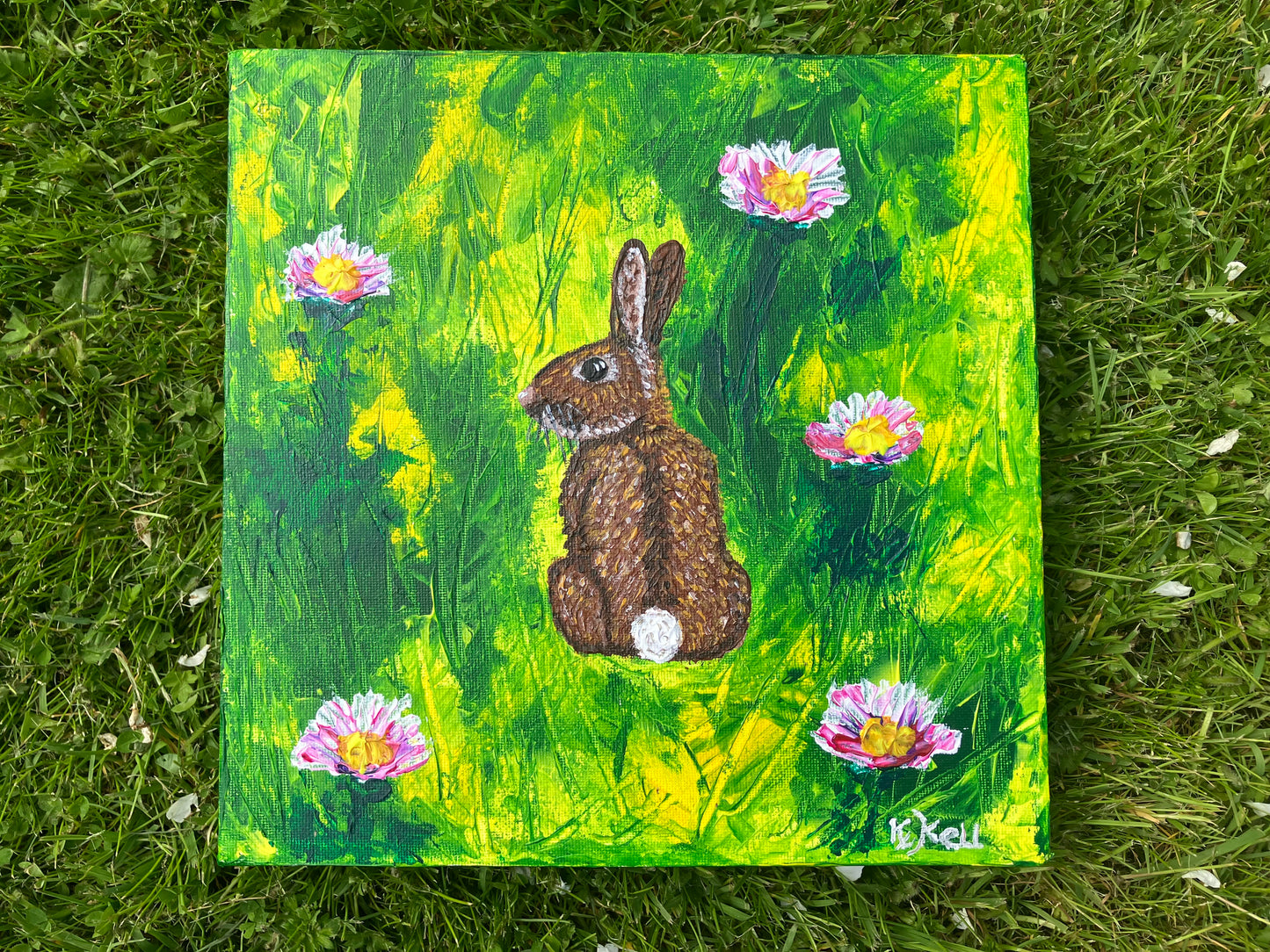 Rabbit Amongst the Daisies, Original Acrylic Painting, Bunny, Stretched Canvas