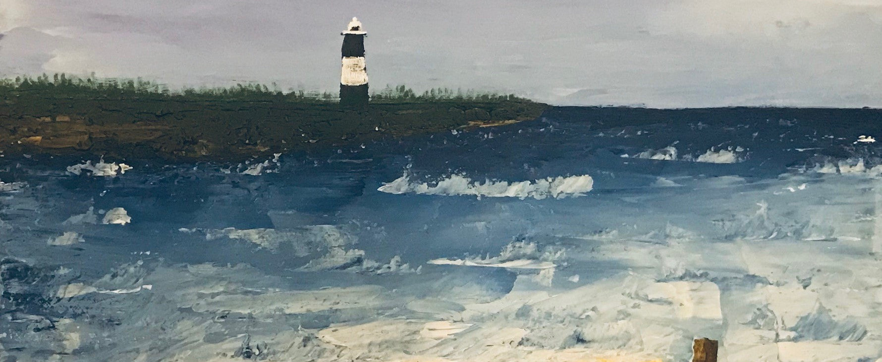 Acrylic painting of Spurn Point Lighthouse and crashing waves