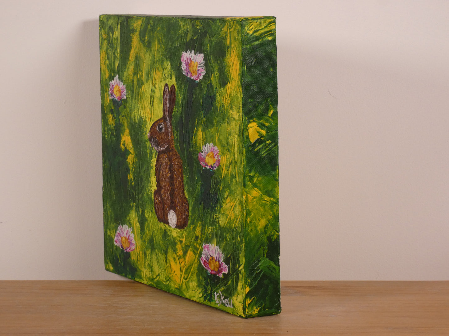 Rabbit Amongst the Daisies, Original Acrylic Painting, Bunny, Stretched Canvas