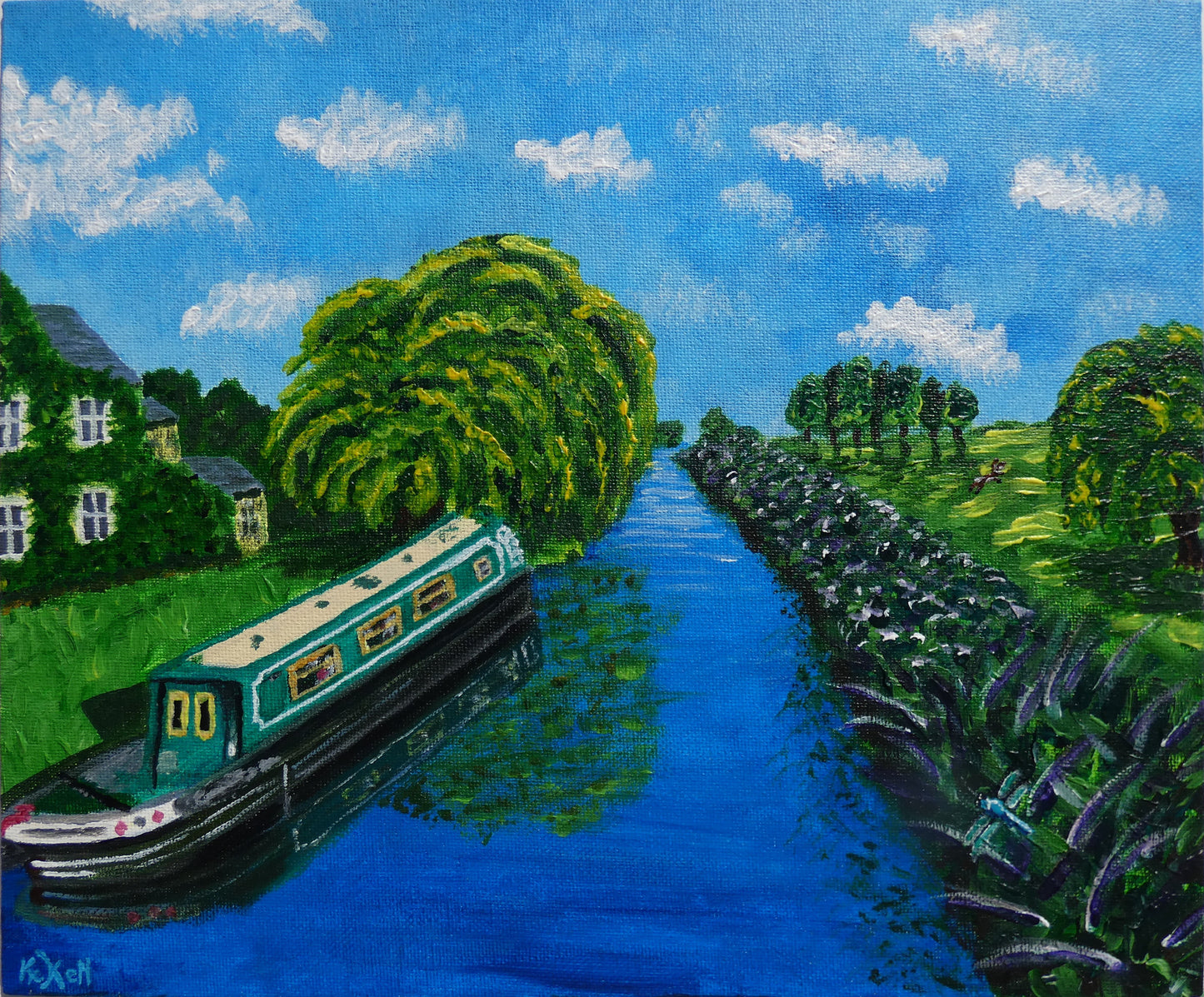 On The Waterways, Original Acrylic Painting, Canvas board,  Norfolk Narrowboat