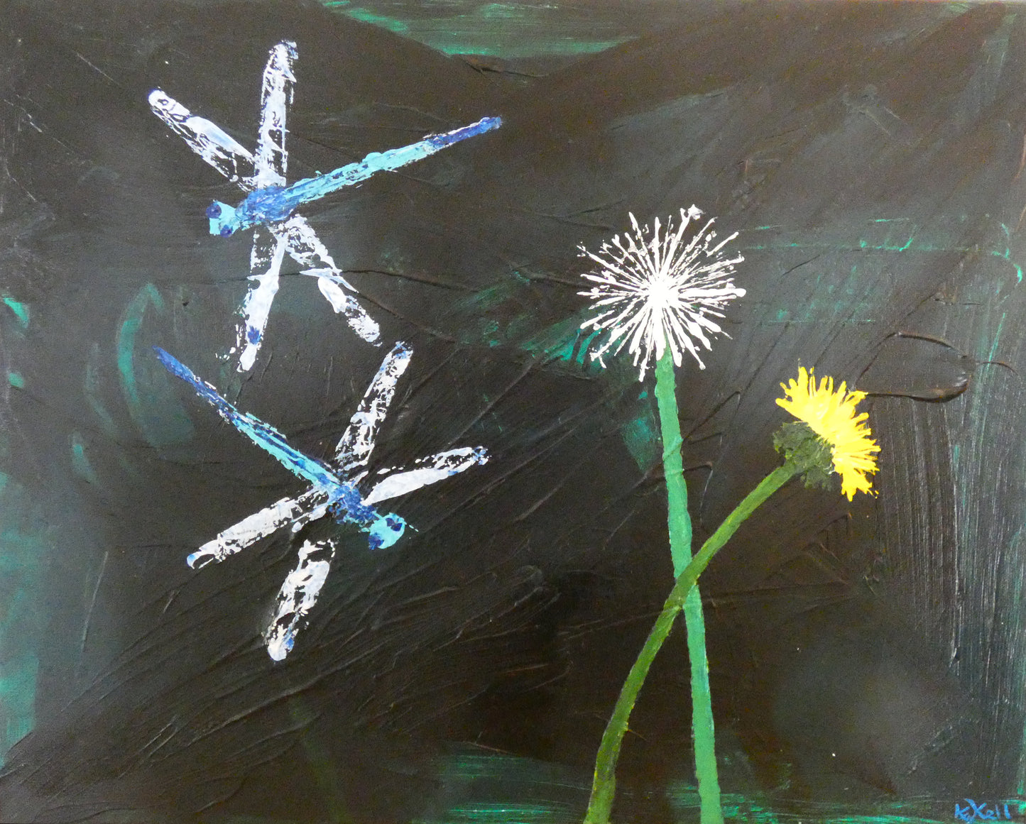 Dragonfly Dream, Dragonflies and Dandelions, Original Acrylic Painting, Stretched Canvas