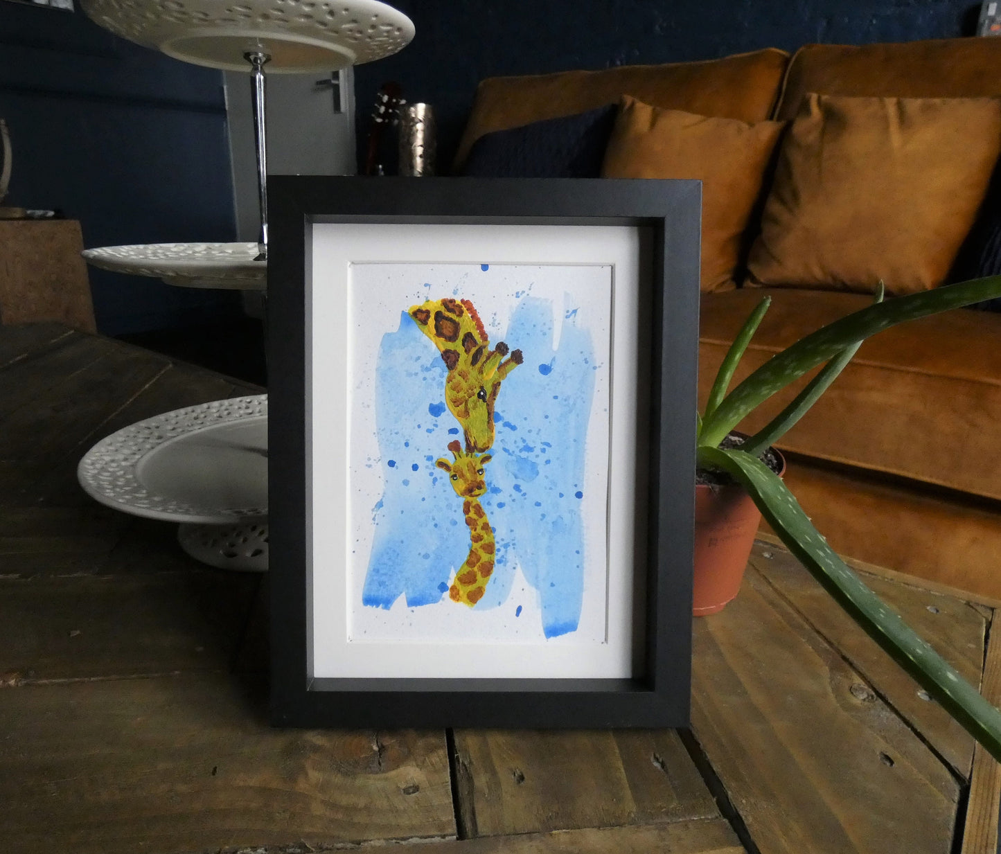 Giraffe Parent and Baby Kiss Original Watercolour Painting