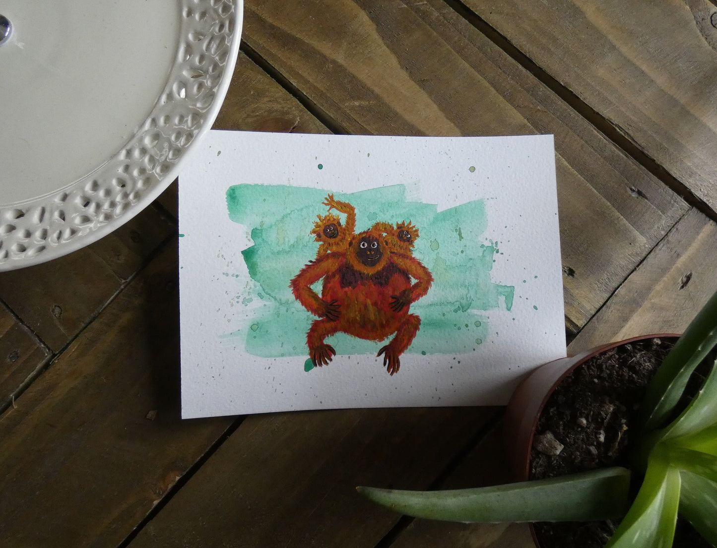 Orangutan Father and Babies Original Watercolour painting