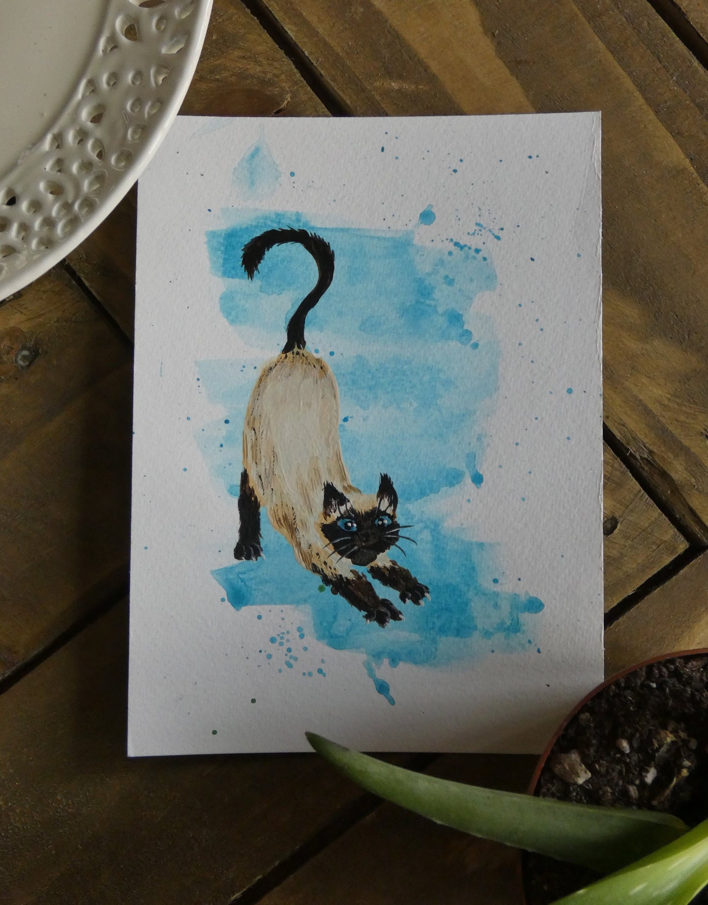 Stretching Siamese Cat Original Watercolour Painting