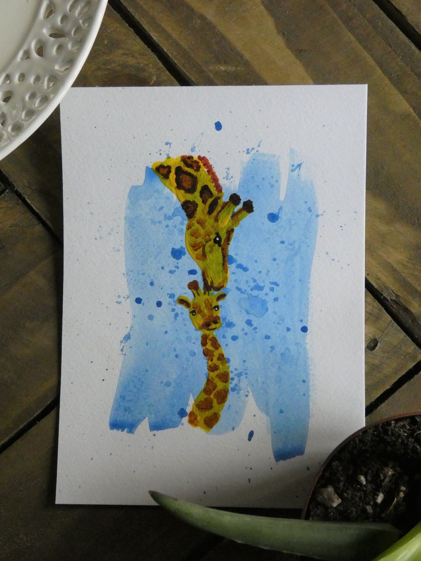 Giraffe Parent and Baby Kiss Original Watercolour Painting