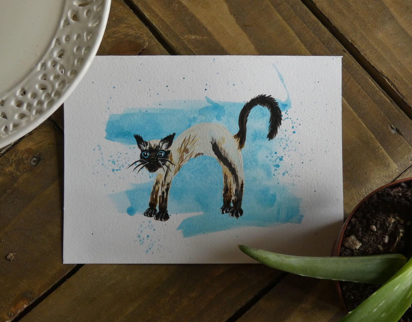 Scaredy Siamese Cat Original Watercolour Painting