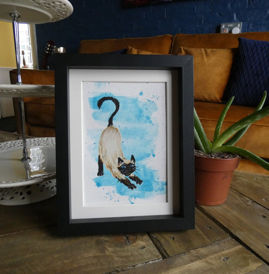 Stretching Siamese Cat Original Watercolour Painting