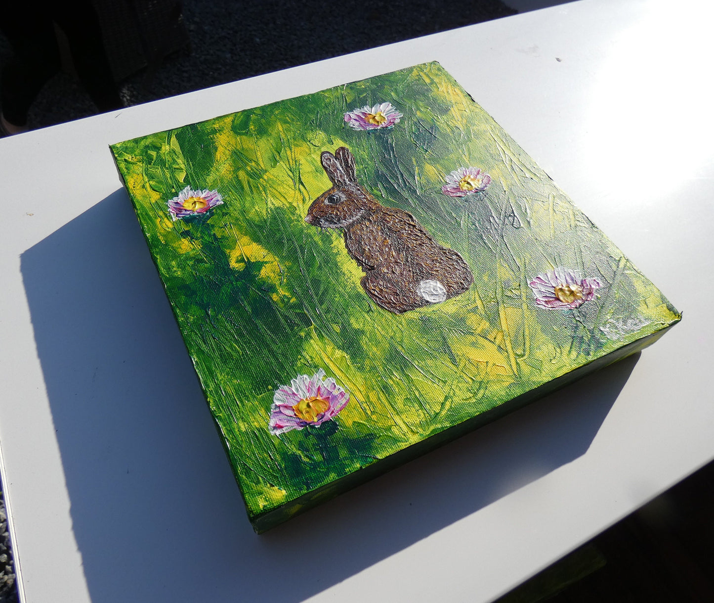 Rabbit Amongst the Daisies, Original Acrylic Painting, Bunny, Stretched Canvas