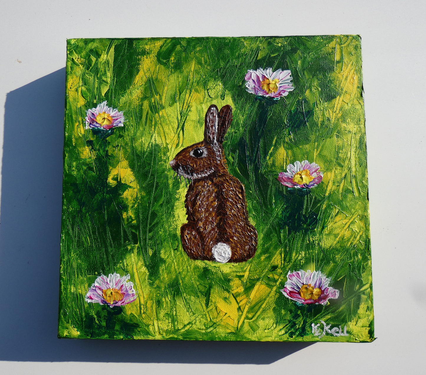 Rabbit Amongst the Daisies, Original Acrylic Painting, Bunny, Stretched Canvas