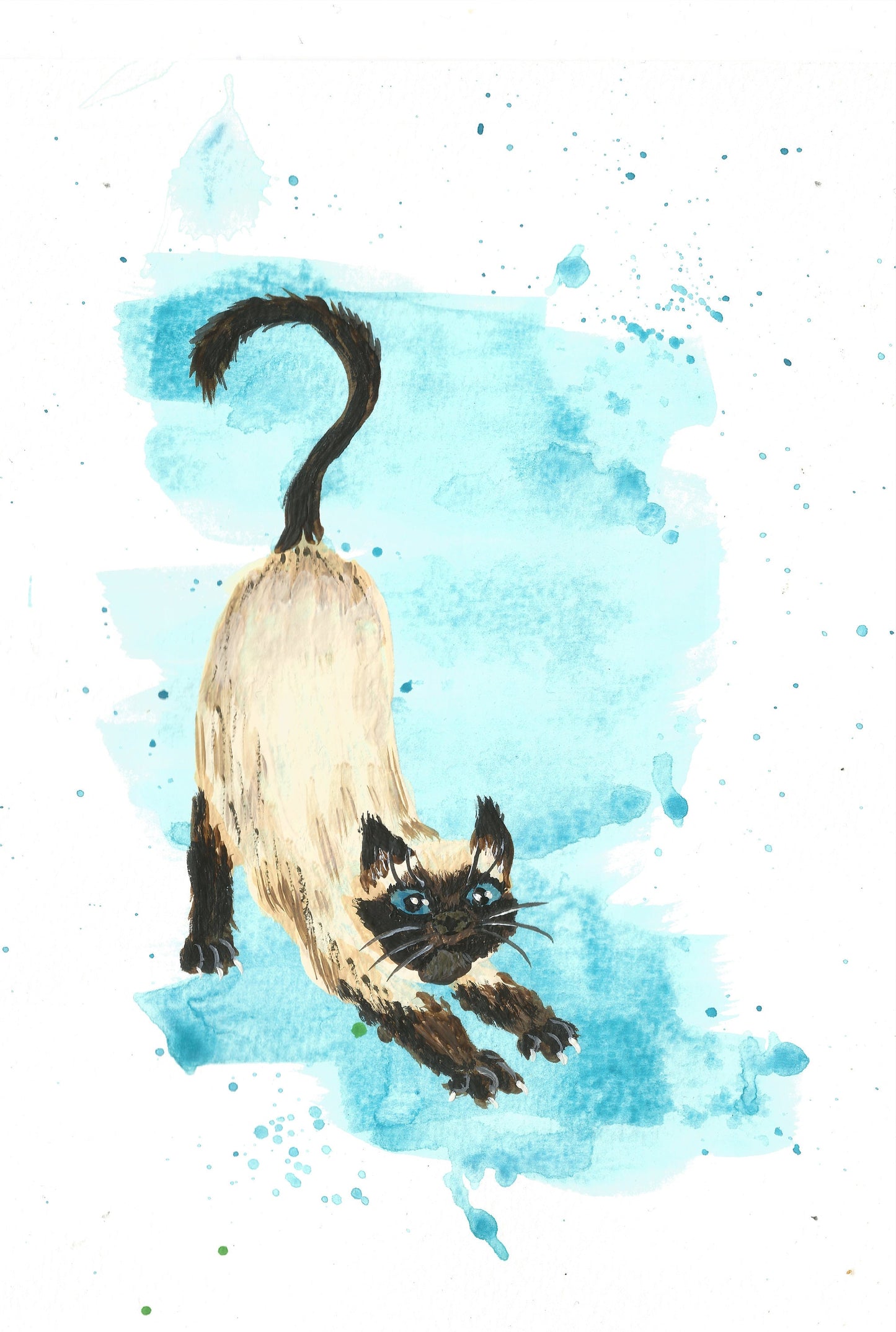 Stretching Siamese Cat Original Watercolour Painting